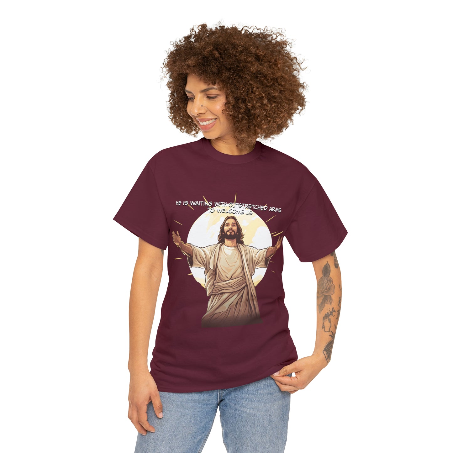 He is Waiting with Outstretched Arms to Welcome Us -  Unisex Heavy Cotton Tee (MB)