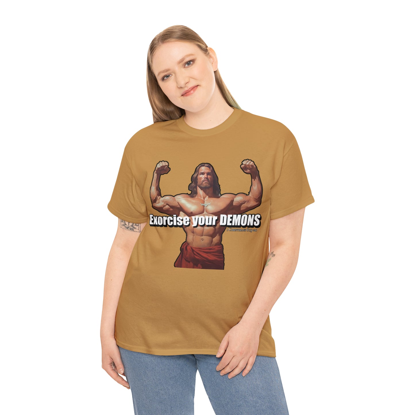 Exorcise your Demons - Body Builder Jesus Divine Strength (1 Corinthians 6:19-20) (James 2:19) Unisex Heavy Cotton Tee