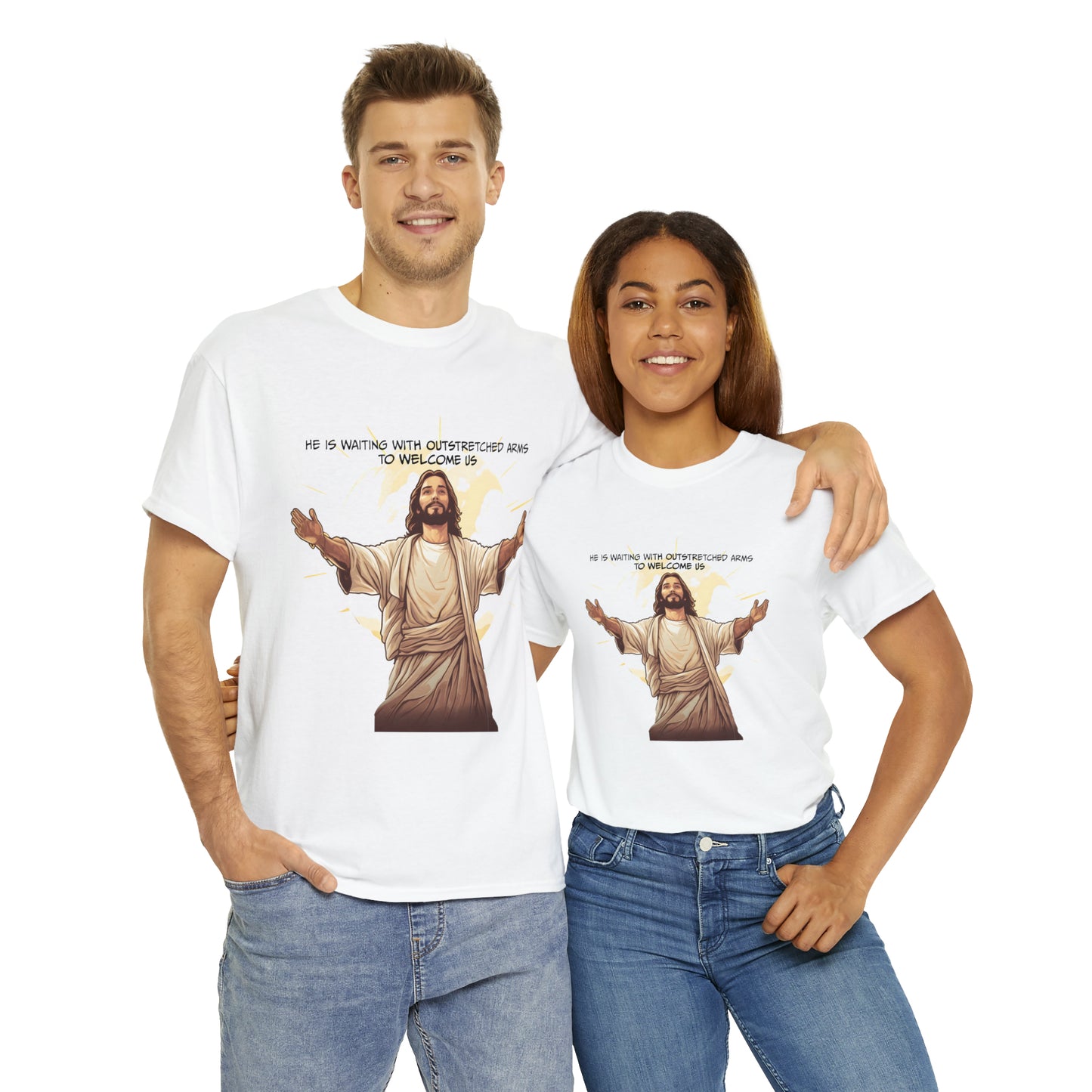 He is Waiting with Outstretched Arms to Welcome Us -  Unisex Heavy Cotton Tee (MB)