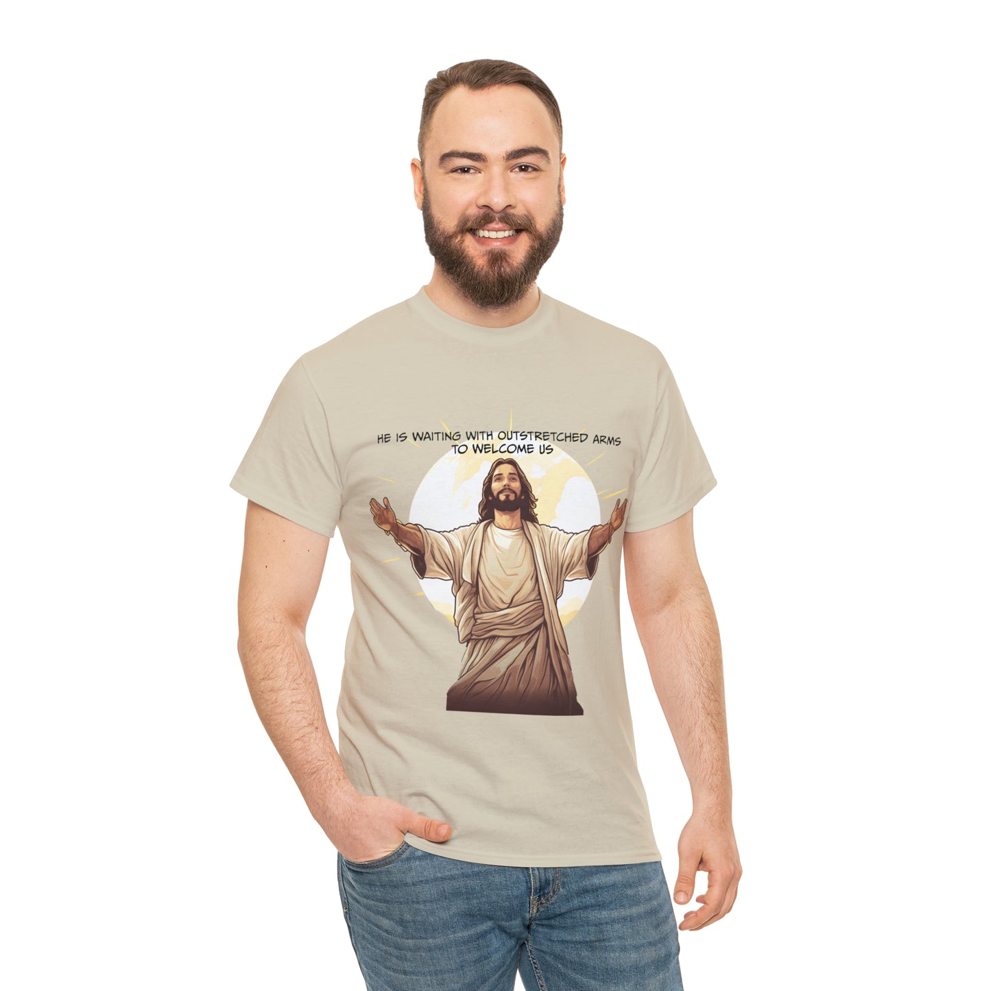 He is Waiting with Outstretched Arms to Welcome Us -  Unisex Heavy Cotton Tee (MB)