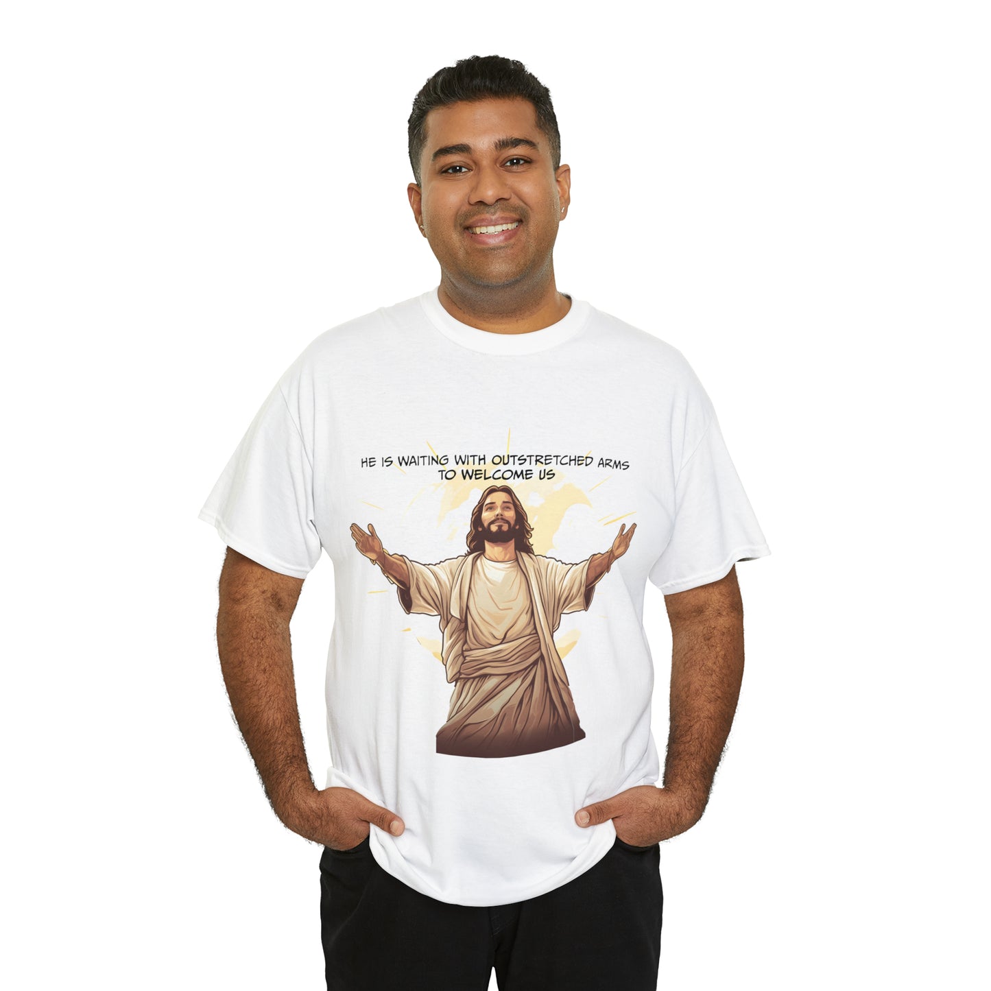 He is Waiting with Outstretched Arms to Welcome Us -  Unisex Heavy Cotton Tee (MB)