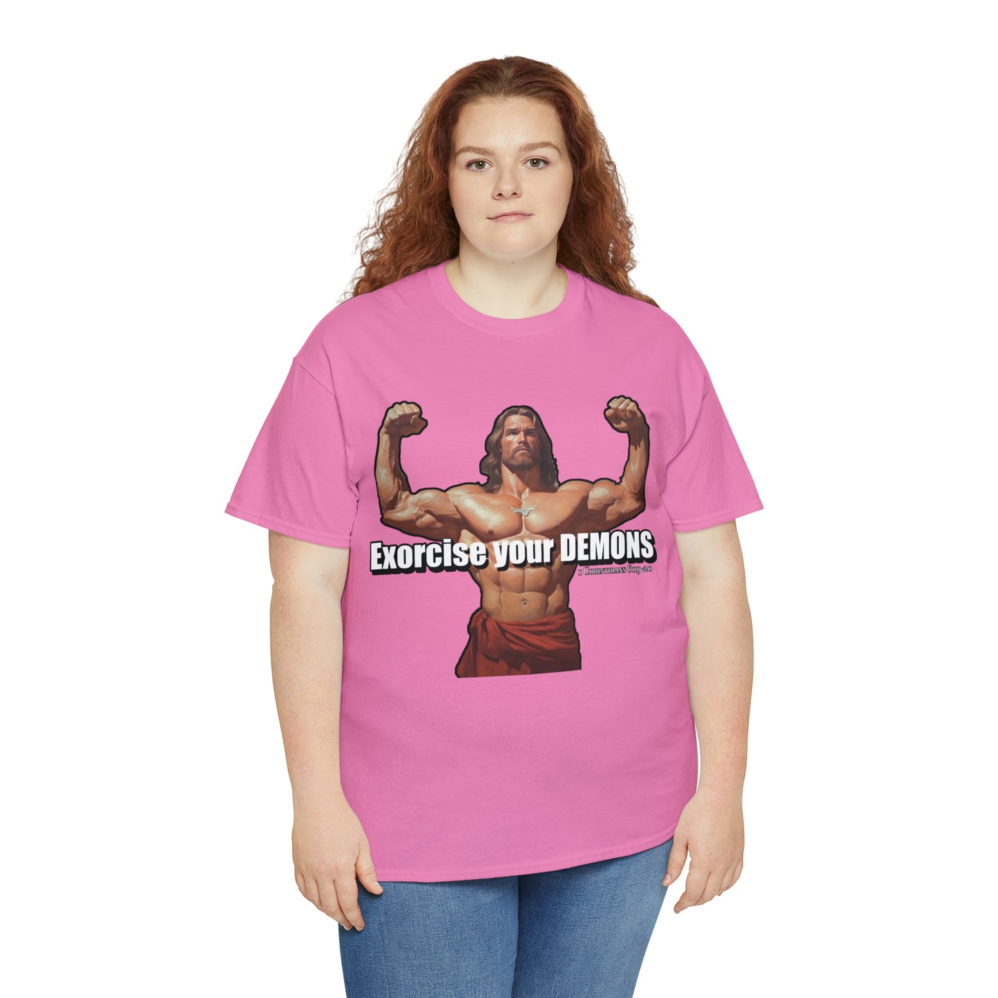 Exorcise your Demons - Body Builder Jesus Divine Strength (1 Corinthians 6:19-20) (James 2:19) Unisex Heavy Cotton Tee