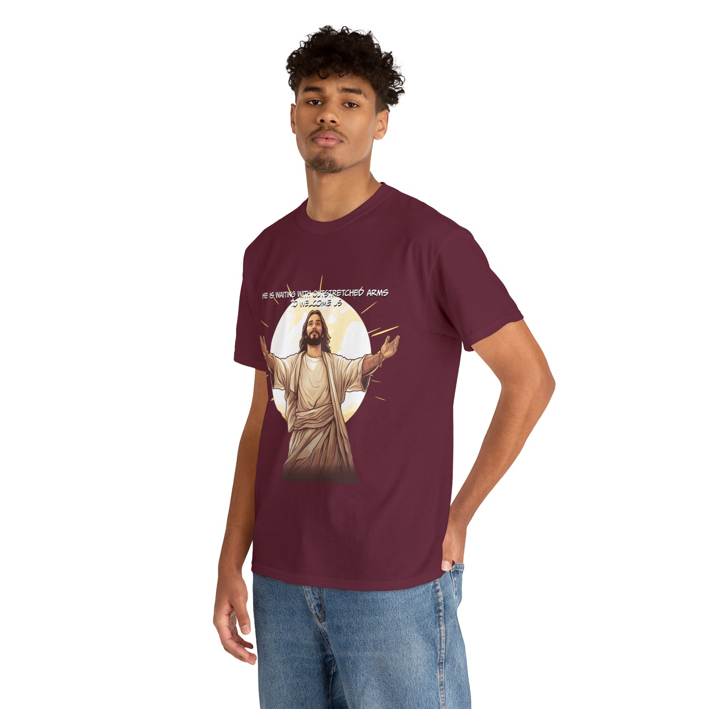 He is Waiting with Outstretched Arms to Welcome Us -  Unisex Heavy Cotton Tee (MB)