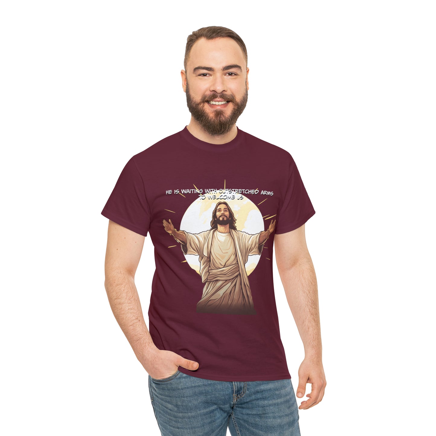 He is Waiting with Outstretched Arms to Welcome Us -  Unisex Heavy Cotton Tee (MB)