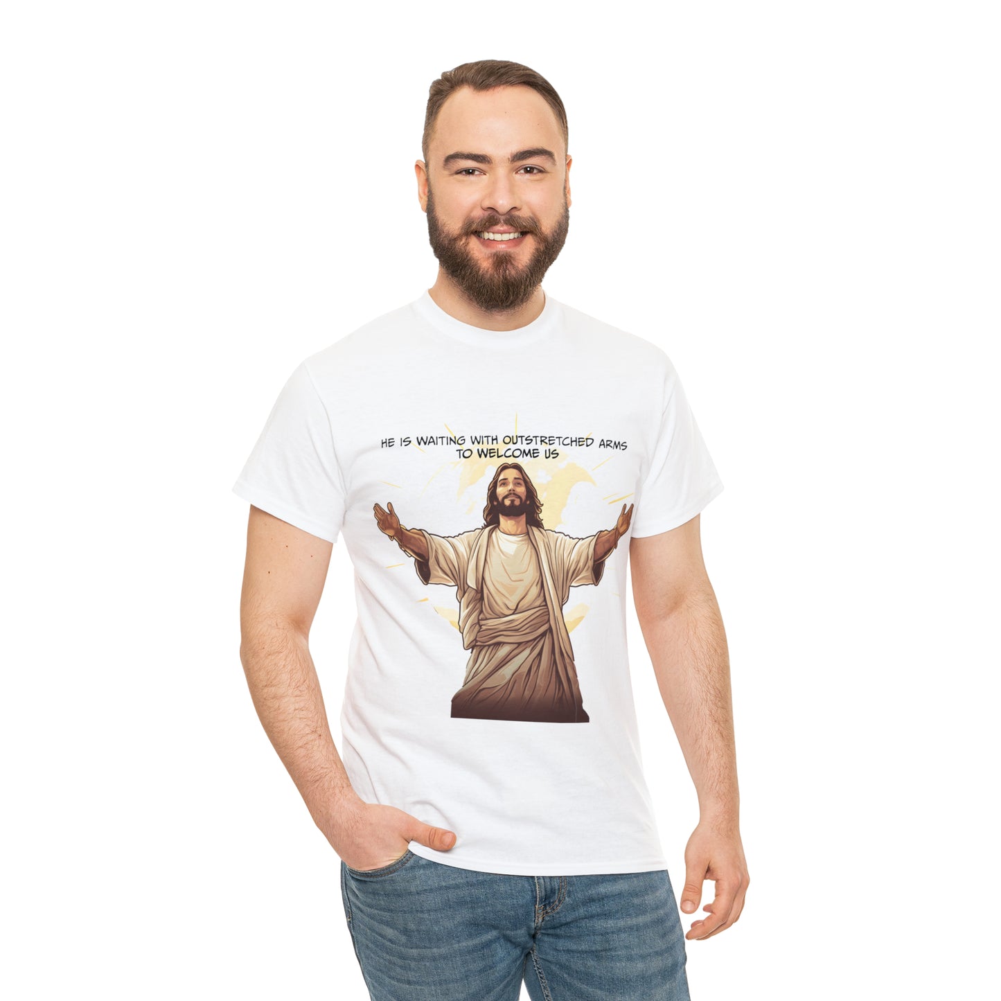He is Waiting with Outstretched Arms to Welcome Us -  Unisex Heavy Cotton Tee (MB)