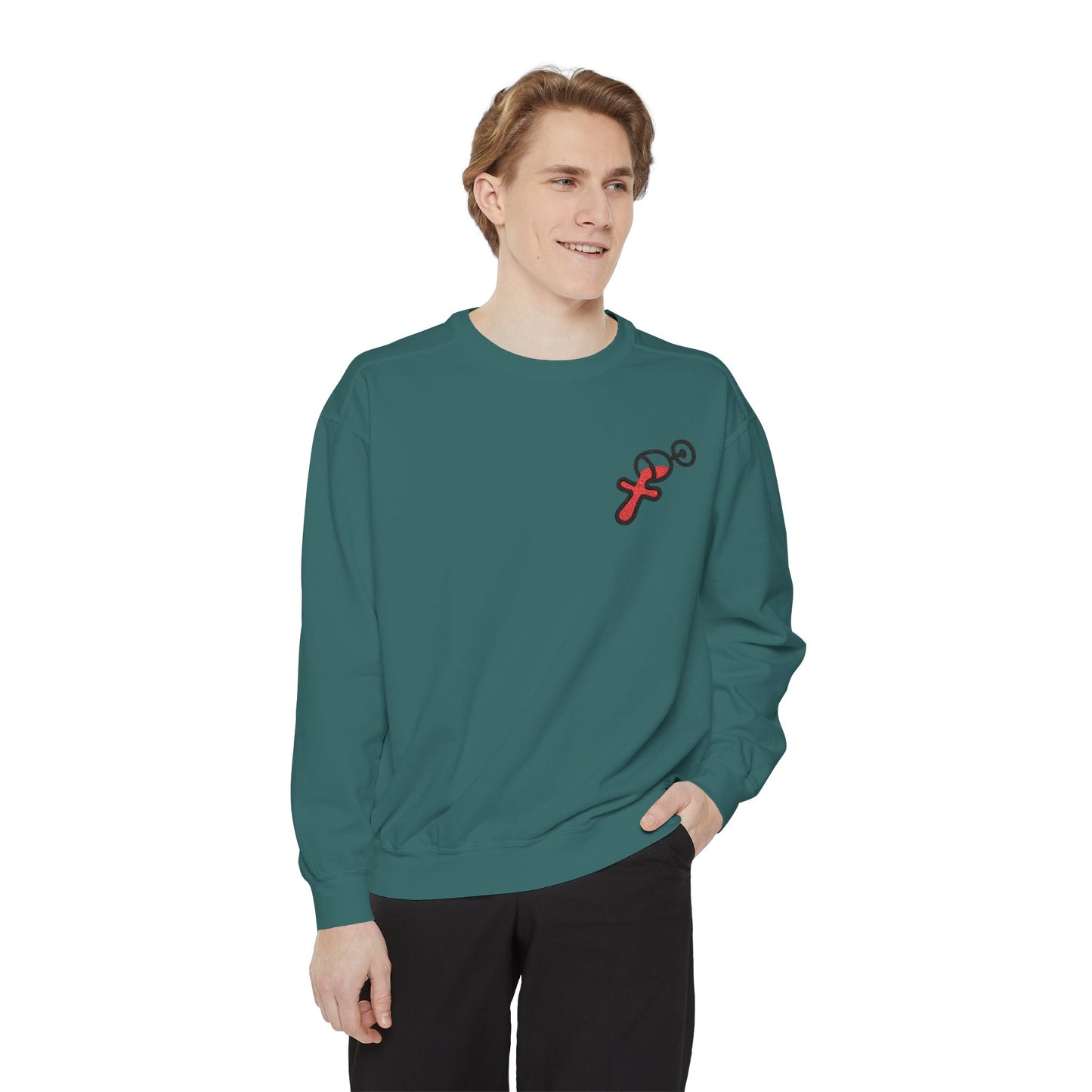 “Sip of Sacrifice” Embroidered Crewneck — Disciple Dad (Water-Into-Wine Drop Collection)