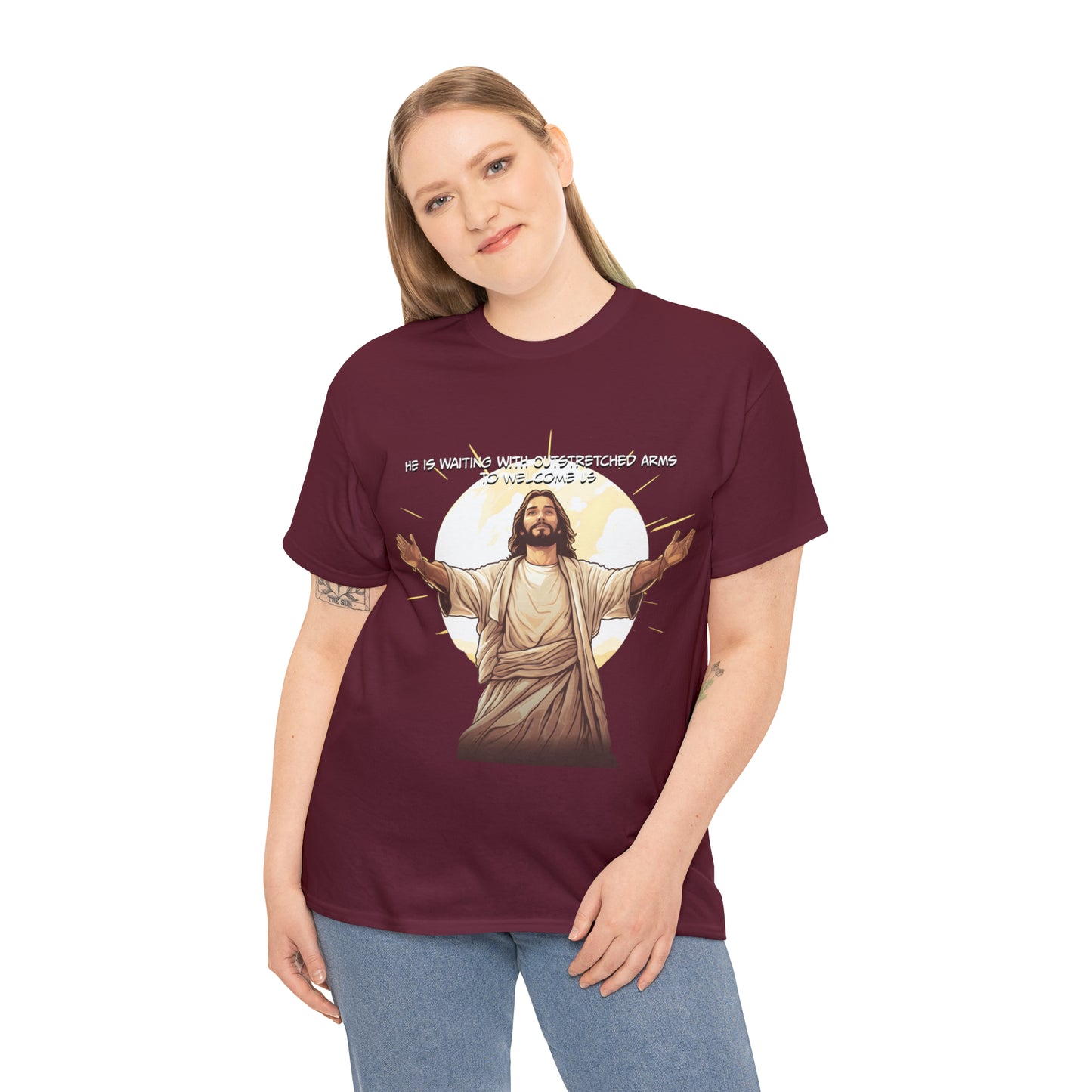 He is Waiting with Outstretched Arms to Welcome Us -  Unisex Heavy Cotton Tee (MB)