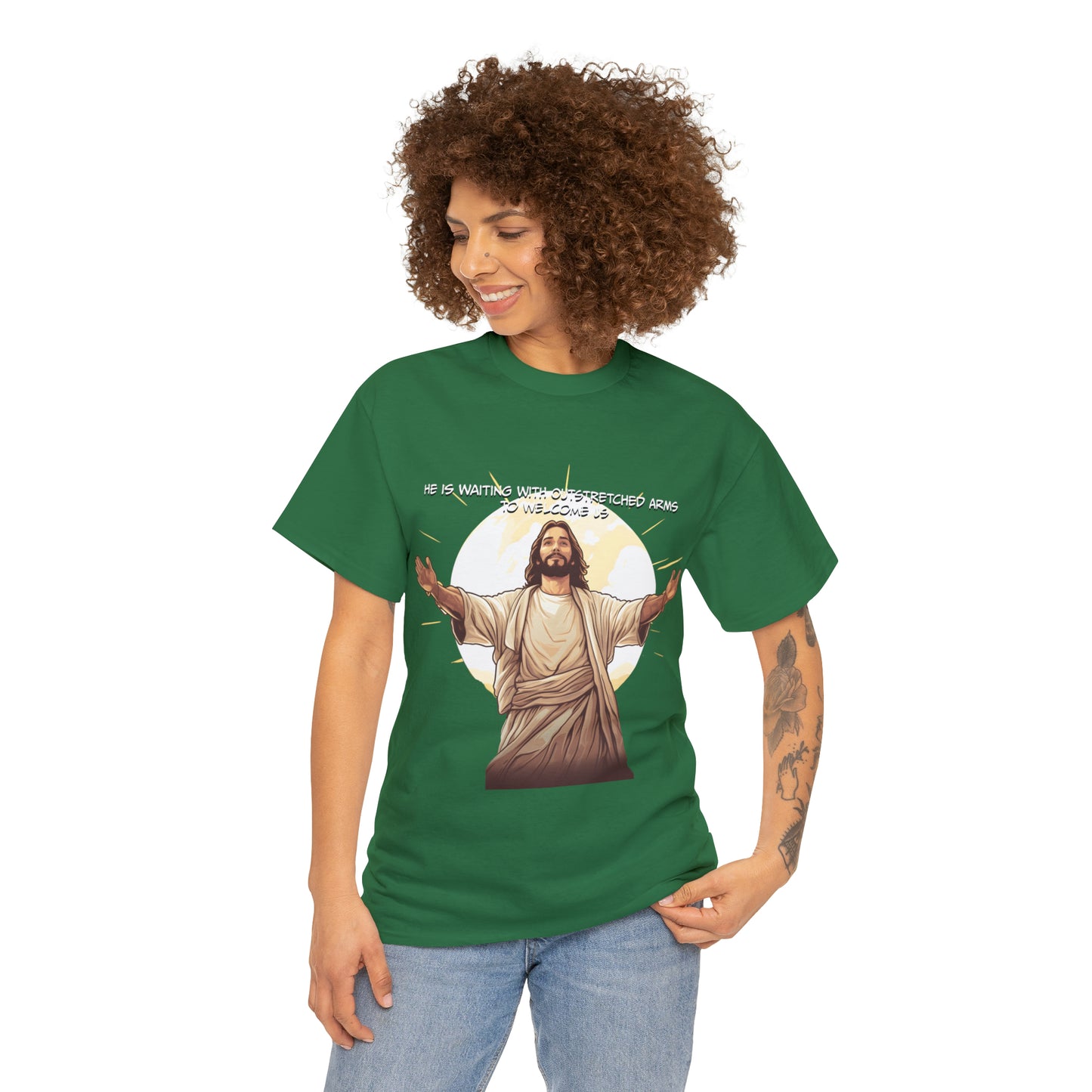 He is Waiting with Outstretched Arms to Welcome Us -  Unisex Heavy Cotton Tee (MB)