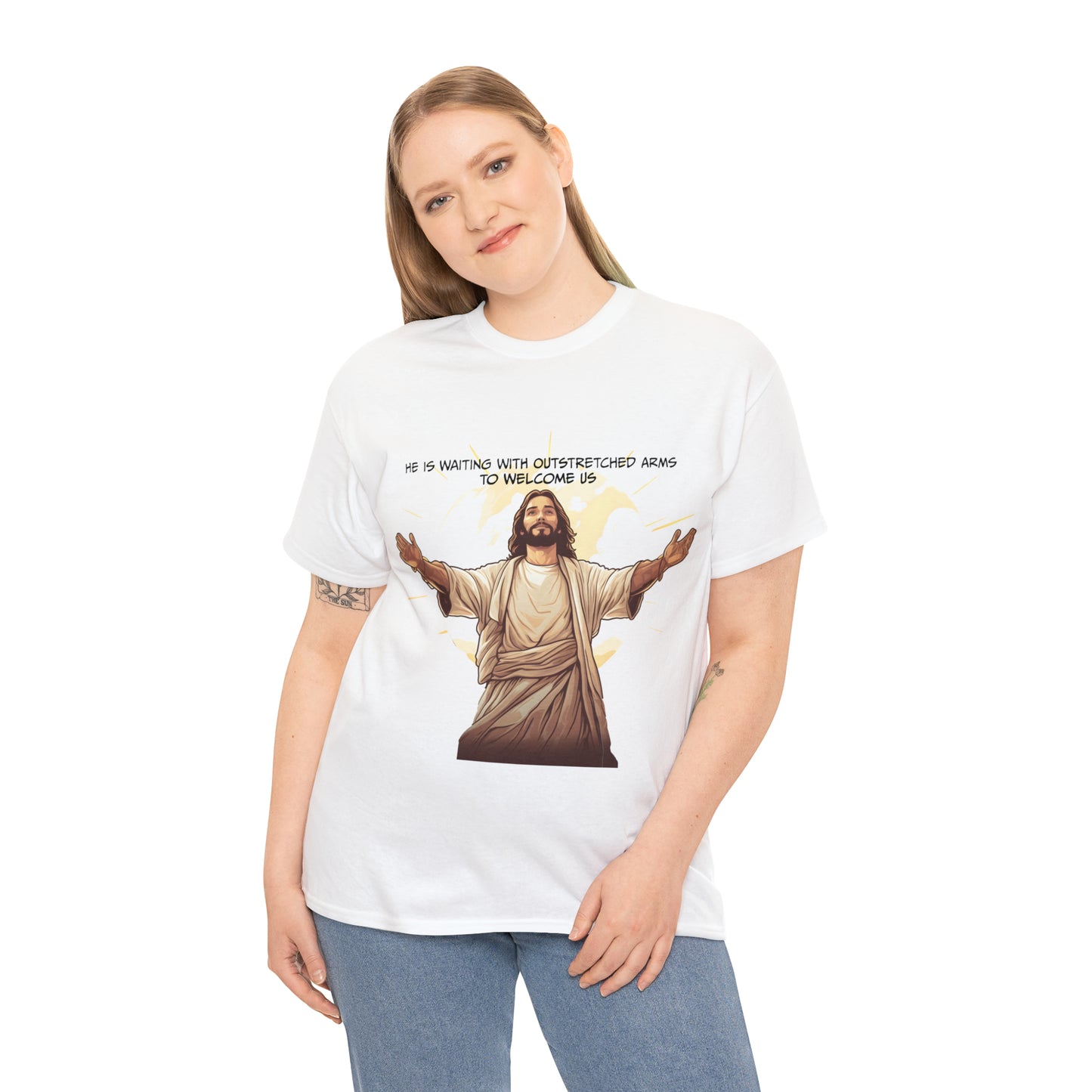 He is Waiting with Outstretched Arms to Welcome Us -  Unisex Heavy Cotton Tee (MB)