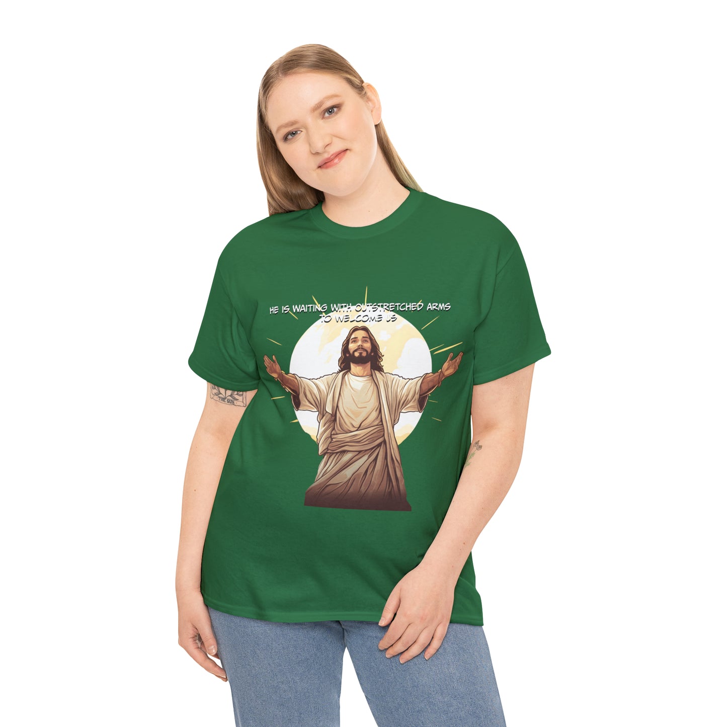 He is Waiting with Outstretched Arms to Welcome Us -  Unisex Heavy Cotton Tee (MB)