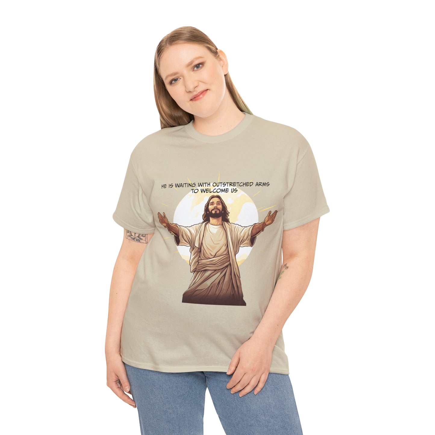 He is Waiting with Outstretched Arms to Welcome Us -  Unisex Heavy Cotton Tee (MB)