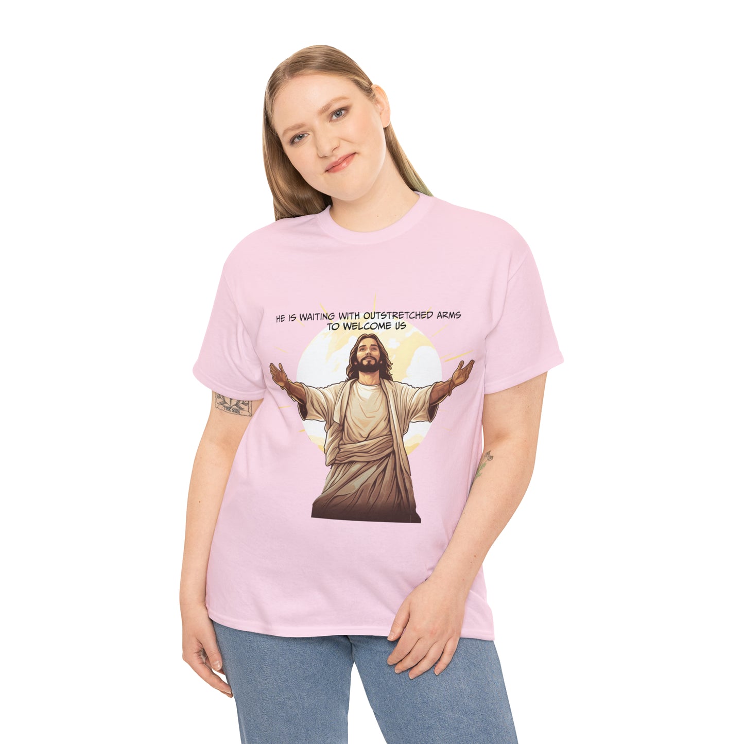 He is Waiting with Outstretched Arms to Welcome Us -  Unisex Heavy Cotton Tee (MB)