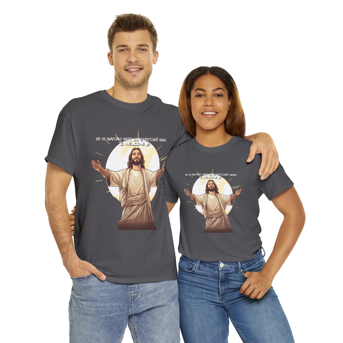 He is Waiting with Outstretched Arms to Welcome Us -  Unisex Heavy Cotton Tee (MB)