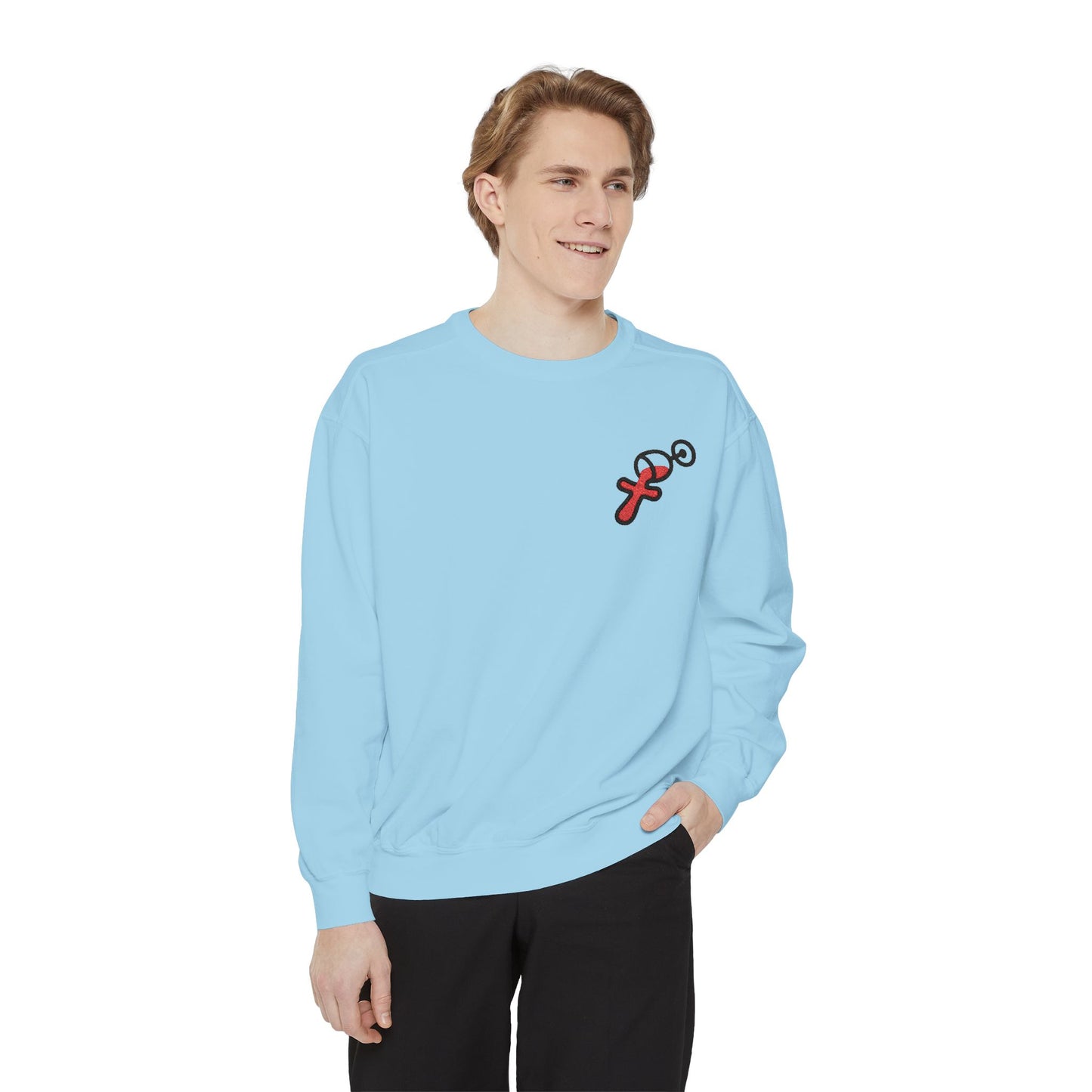 “Sip of Sacrifice” Embroidered Crewneck — Disciple Dad (Water-Into-Wine Drop Collection)