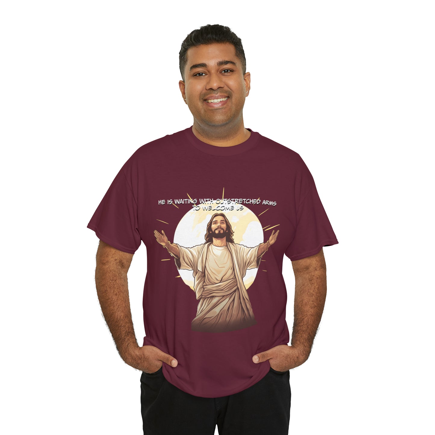 He is Waiting with Outstretched Arms to Welcome Us -  Unisex Heavy Cotton Tee (MB)