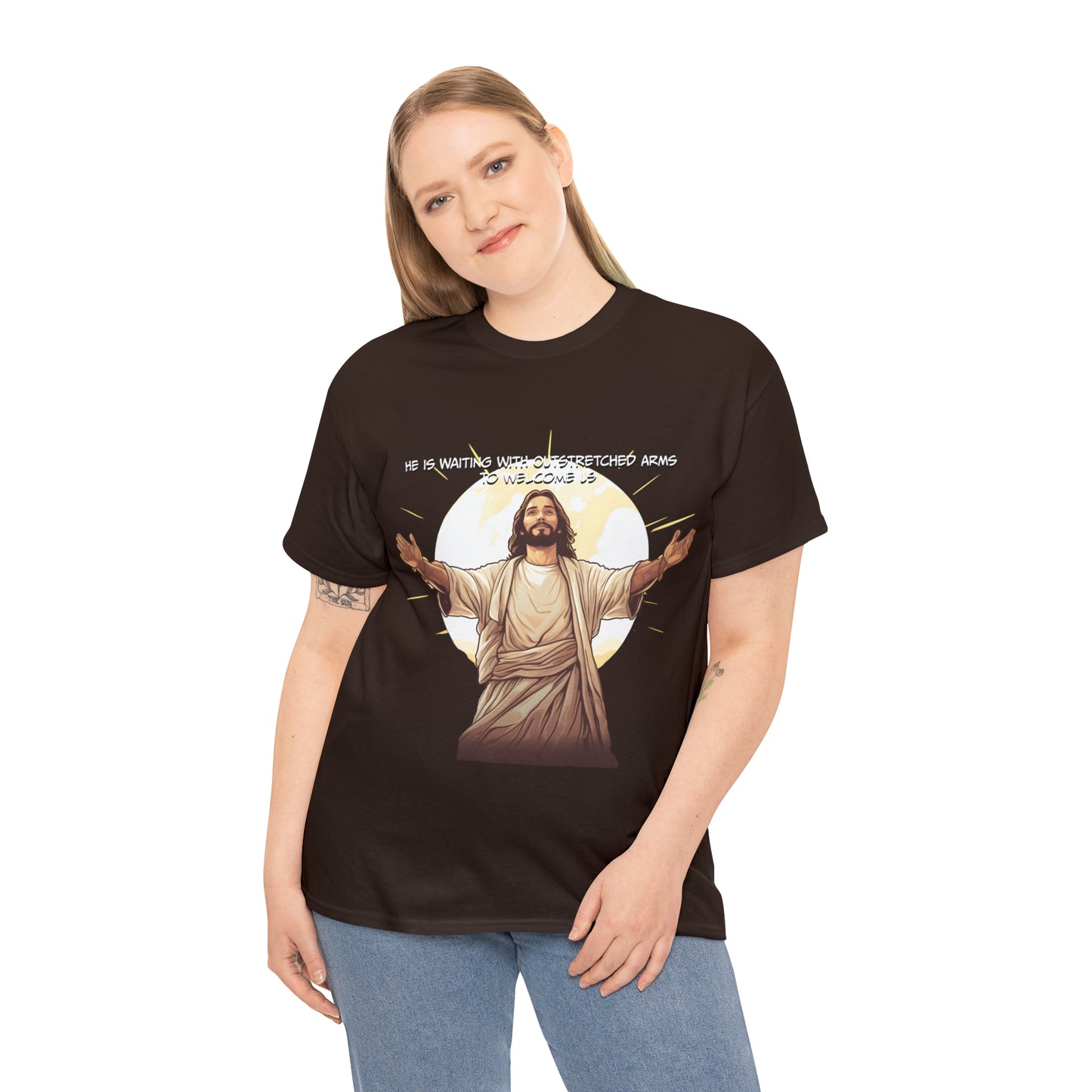 He is Waiting with Outstretched Arms to Welcome Us -  Unisex Heavy Cotton Tee (MB)