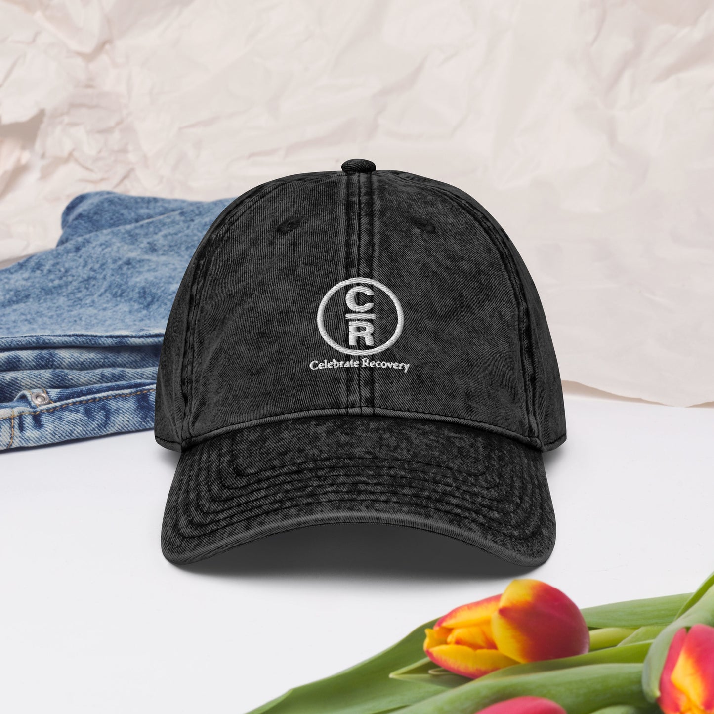 CR Celebrate Recovery Classic Logo (with words) White font Vintage Cotton Twill Cap
