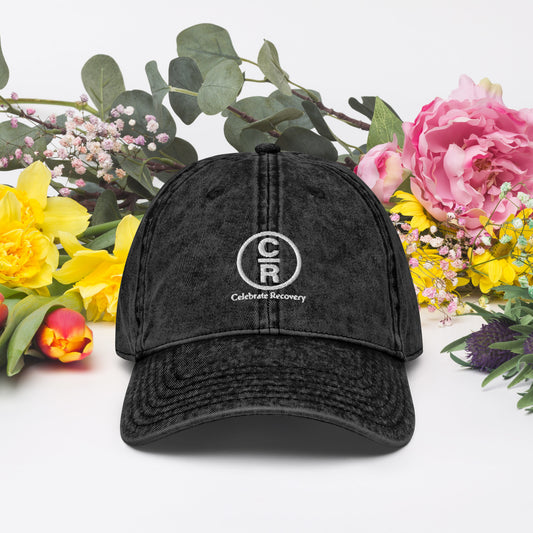 CR Celebrate Recovery Classic Logo (with words) White font Vintage Cotton Twill Cap