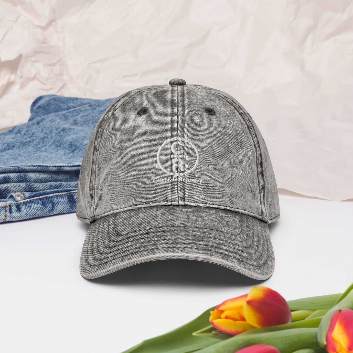 CR Celebrate Recovery Classic Logo (with words) White font Vintage Cotton Twill Cap