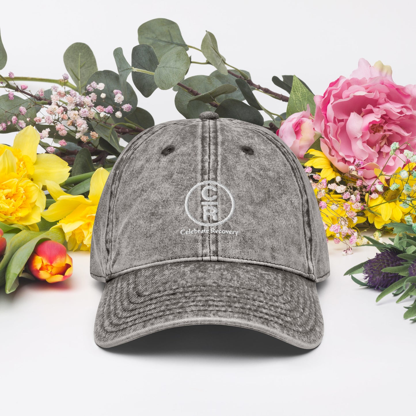 CR Celebrate Recovery Classic Logo (with words) White font Vintage Cotton Twill Cap