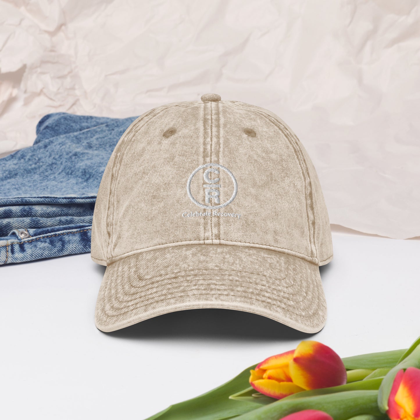 CR Celebrate Recovery Classic Logo (with words) White font Vintage Cotton Twill Cap