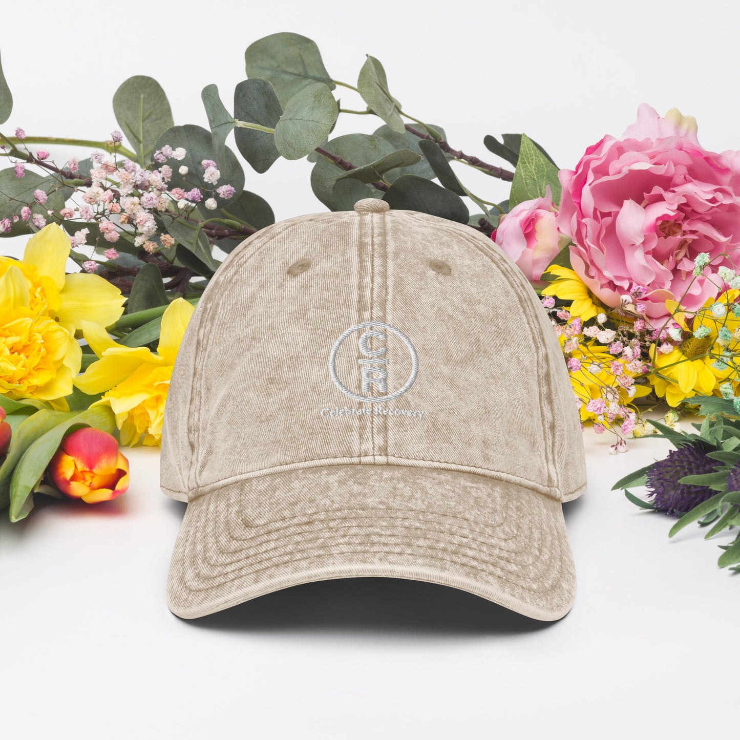 CR Celebrate Recovery Classic Logo (with words) White font Vintage Cotton Twill Cap
