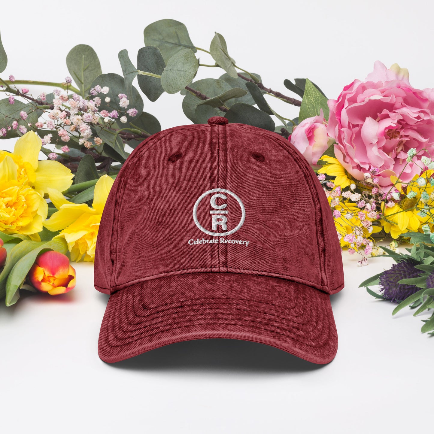CR Celebrate Recovery Classic Logo (with words) White font Vintage Cotton Twill Cap