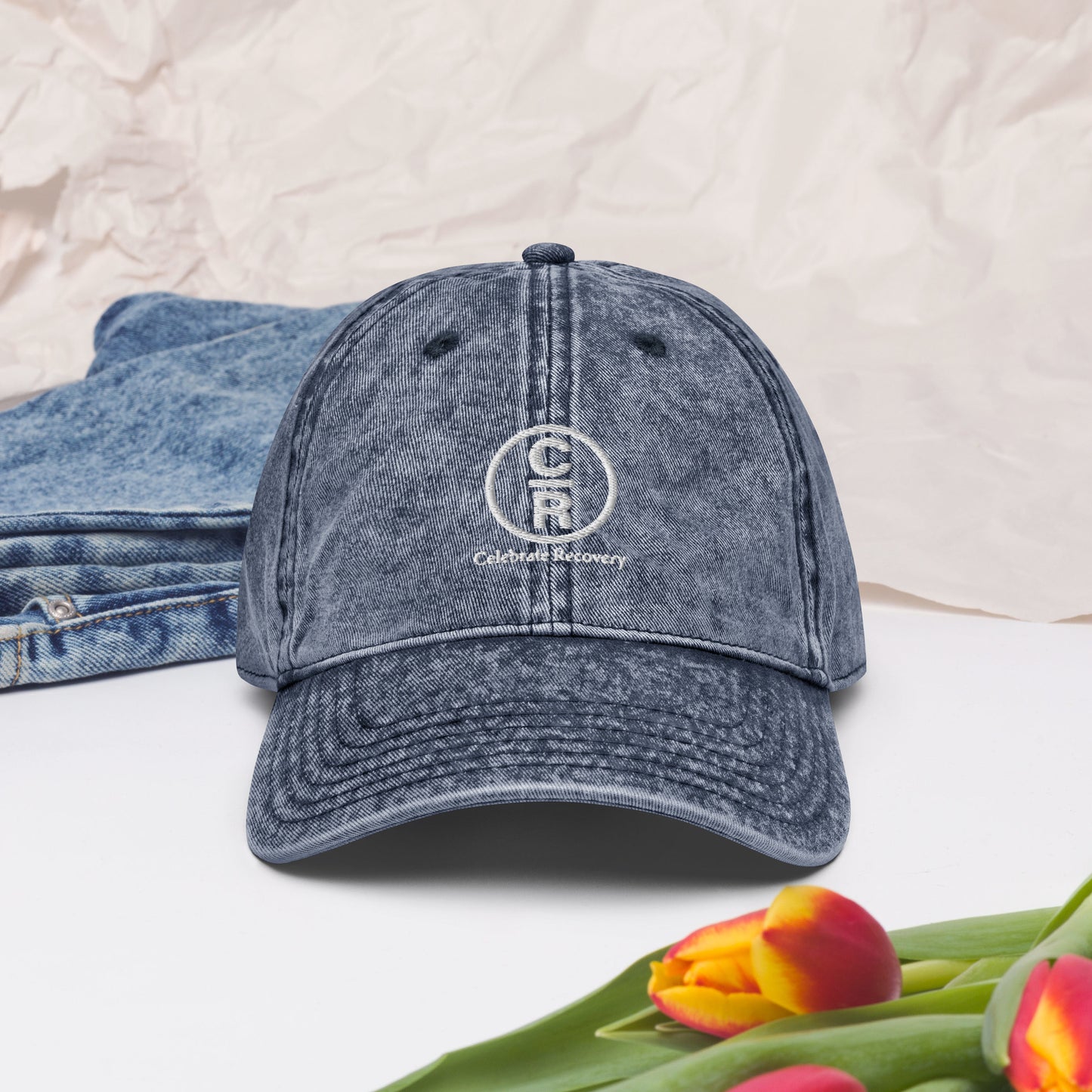 CR Celebrate Recovery Classic Logo (with words) White font Vintage Cotton Twill Cap