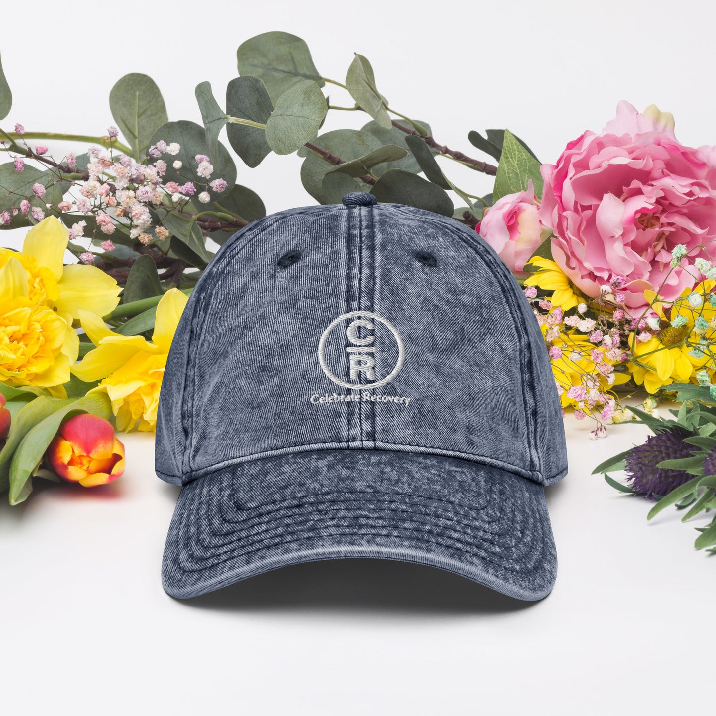CR Celebrate Recovery Classic Logo (with words) White font Vintage Cotton Twill Cap