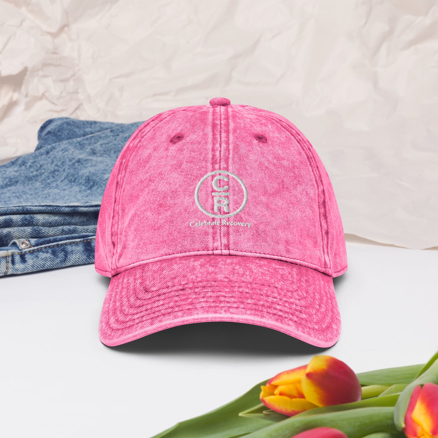 CR Celebrate Recovery Classic Logo (with words) White font Vintage Cotton Twill Cap