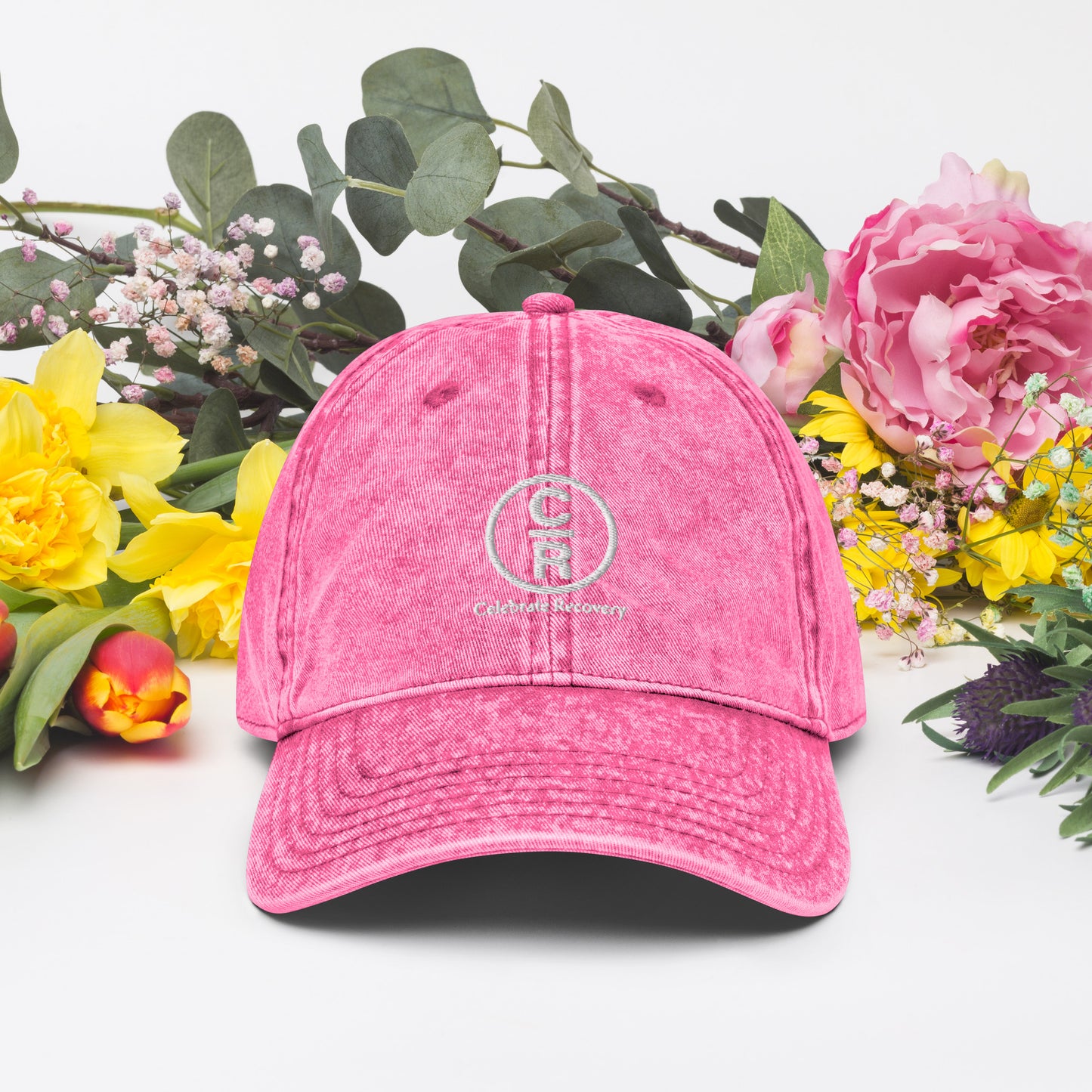 CR Celebrate Recovery Classic Logo (with words) White font Vintage Cotton Twill Cap