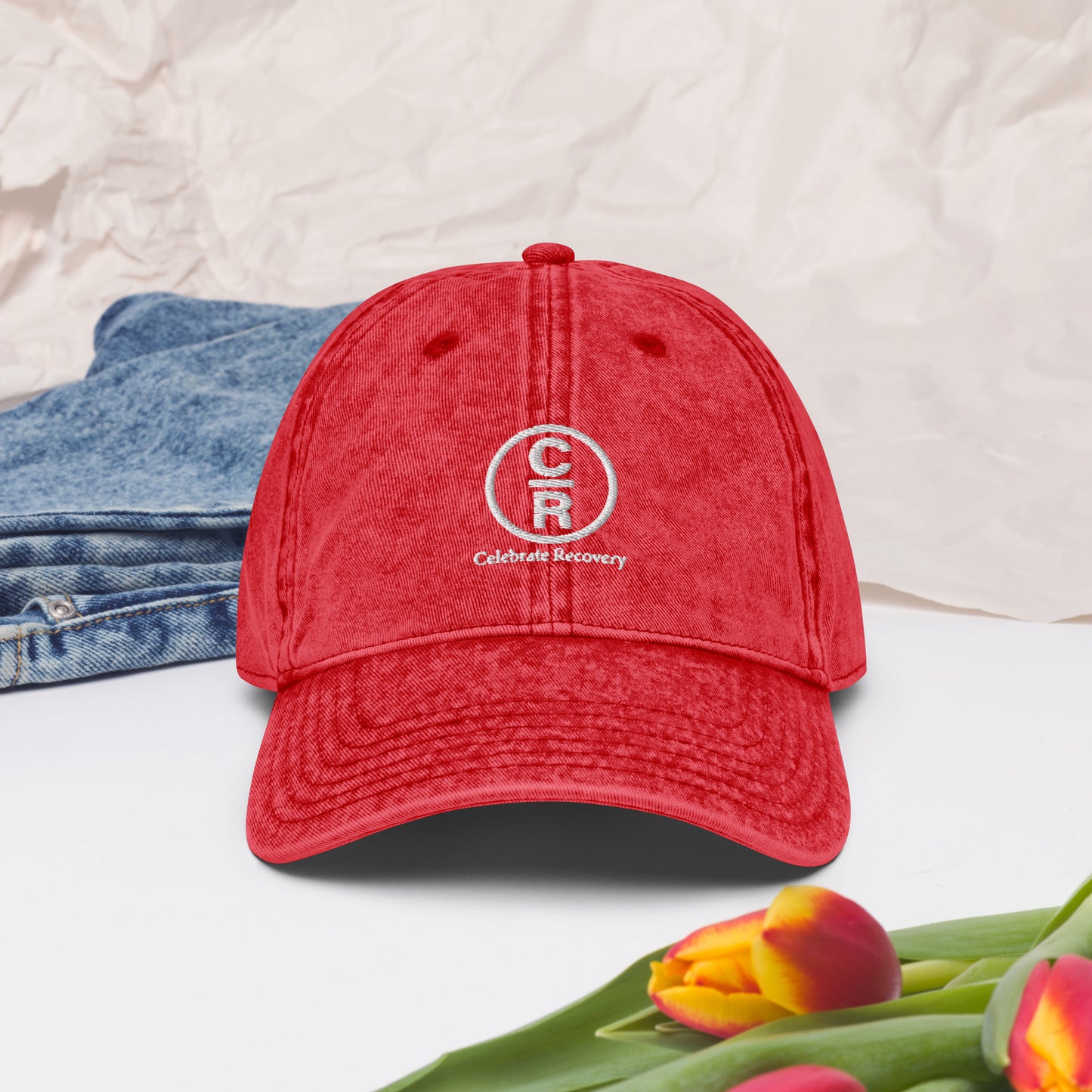 CR Celebrate Recovery Classic Logo (with words) White font Vintage Cotton Twill Cap