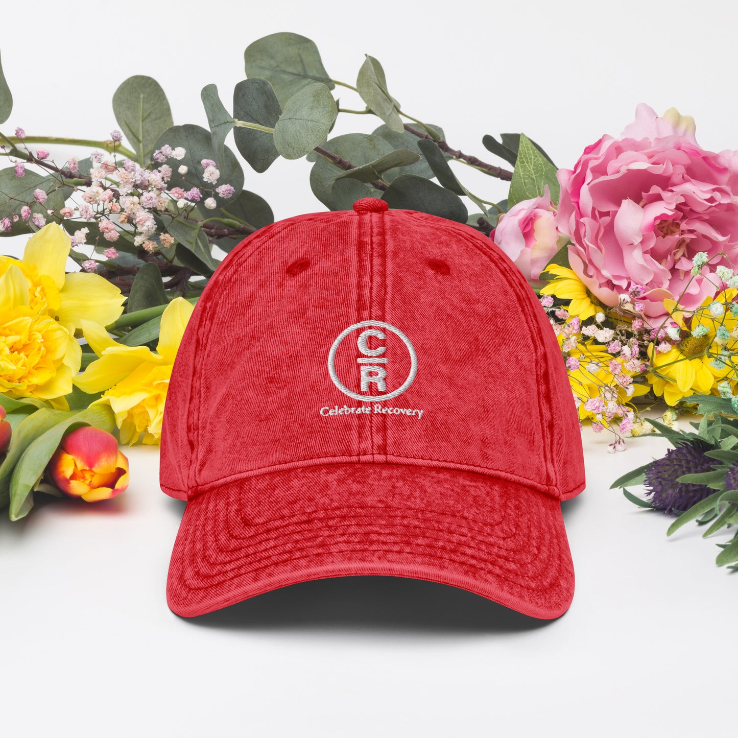 CR Celebrate Recovery Classic Logo (with words) White font Vintage Cotton Twill Cap